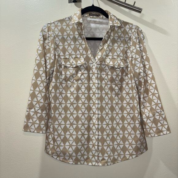 J McLaughlin Brynn Button Down 3/4 Sleeve Top- Tan and White Size XS - Picture 3 of 11